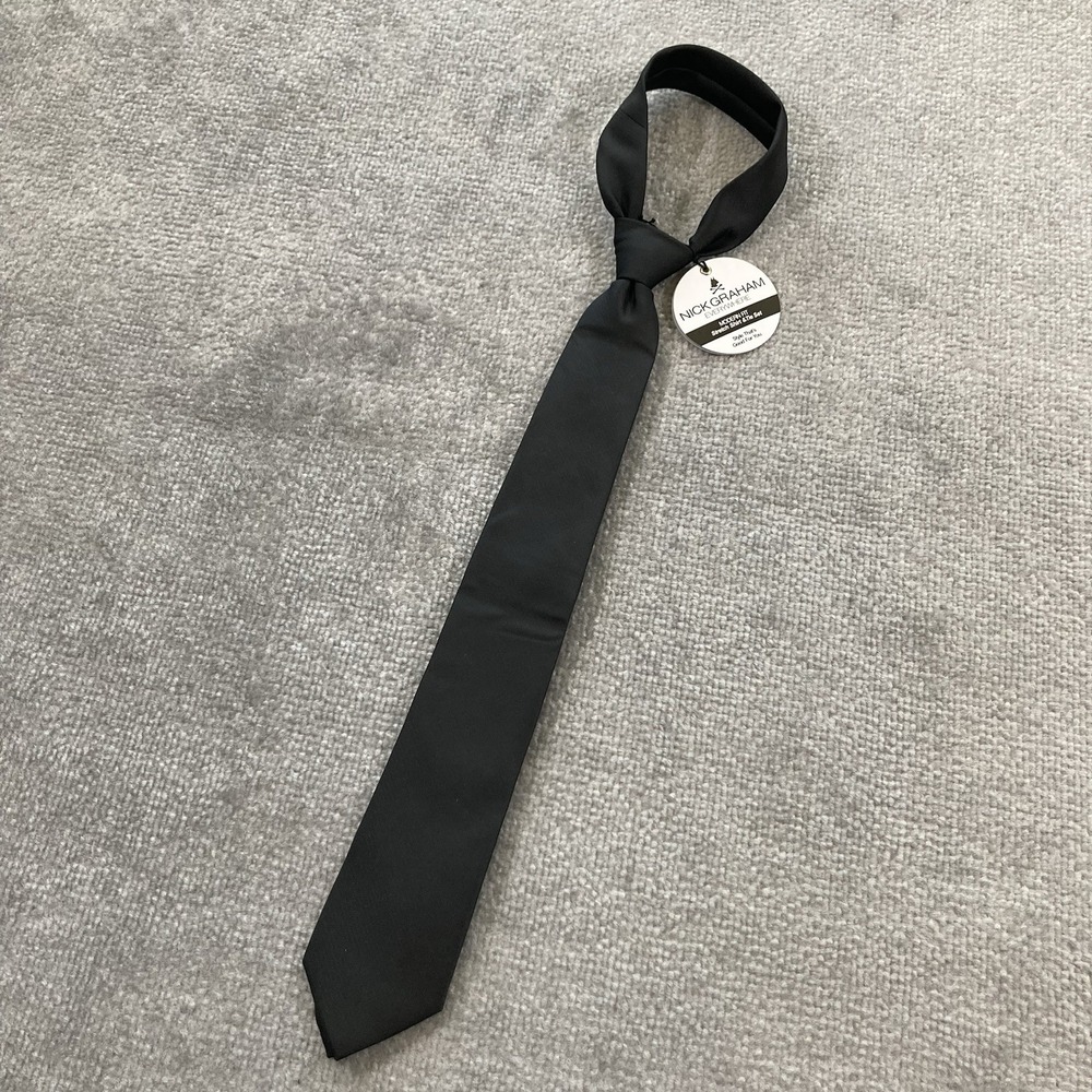 Nick‎ Graham Tie Black Modern Skinny Business Formal Polyester Mens